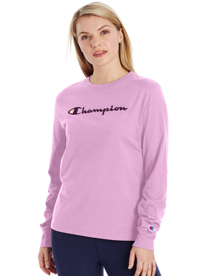 Champion Womens T-Shirt NZ - Classic Long-Sleeve Script Logo Pink ( 4271-XDKUA )